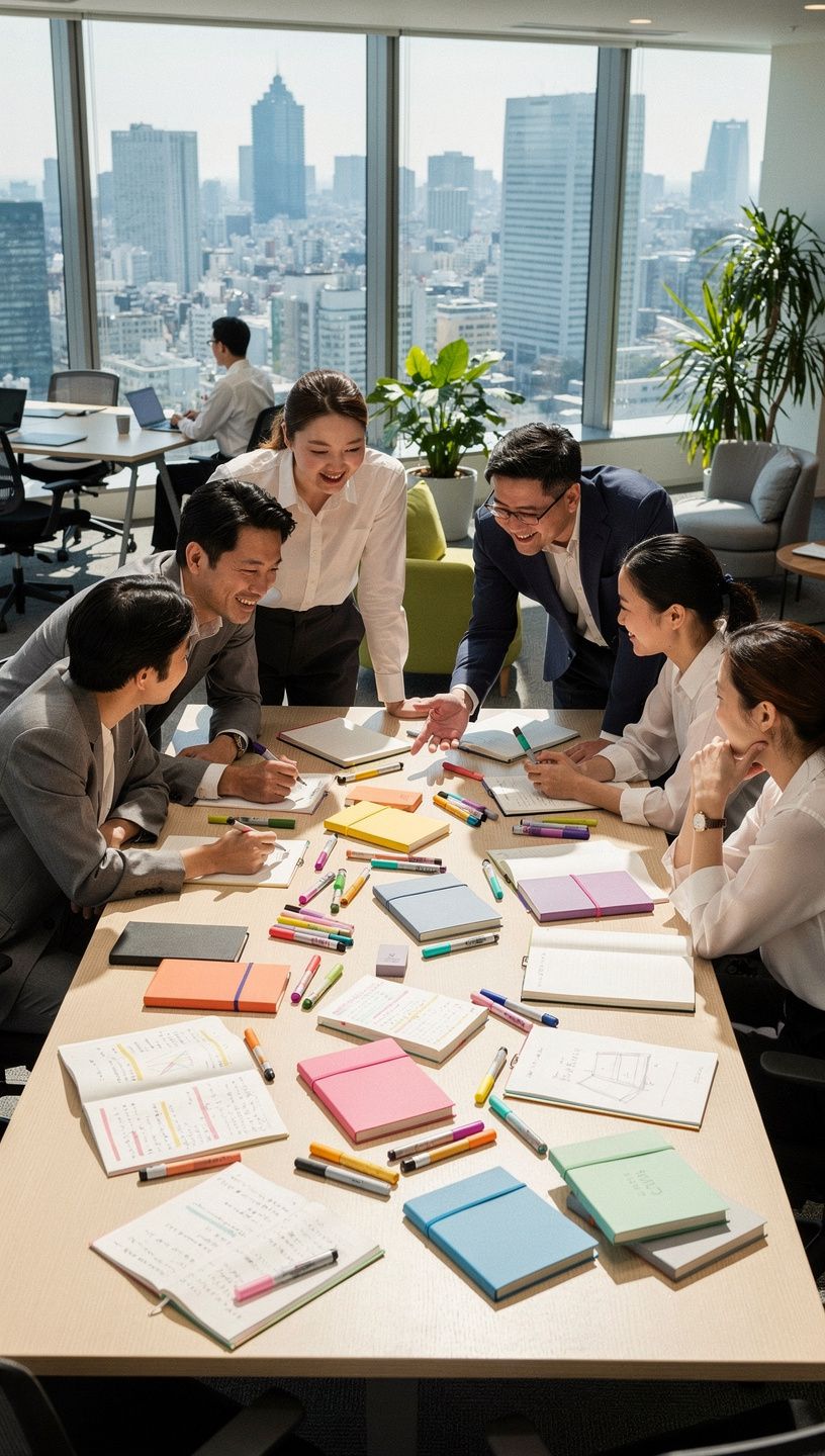 エコ素材で作られた文房具のコレクションが展示されている風景