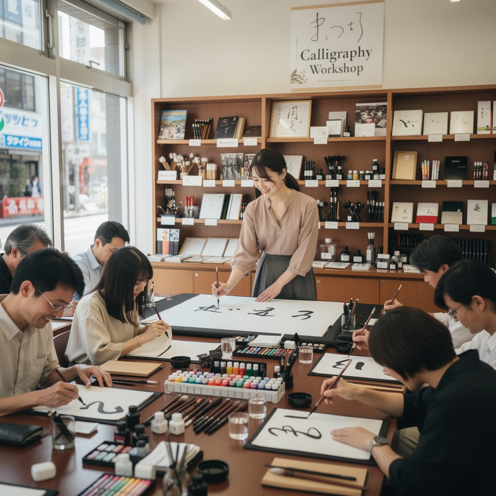 手書きのメッセージと共に並べられた文房具の魅力を引き立てるアート作品