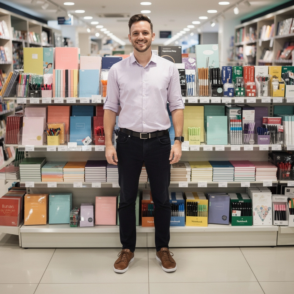 美しいデザインのノートとペンが並んでいる店内の様子